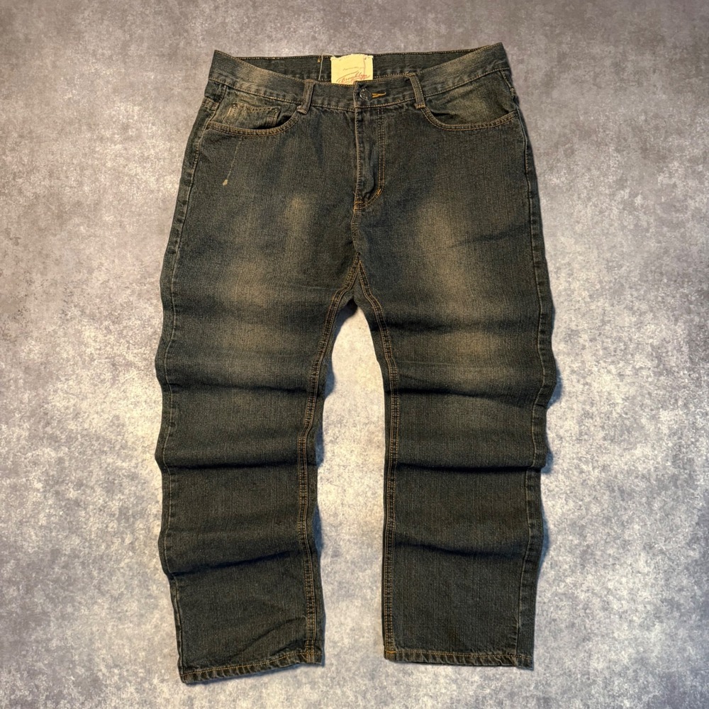 Y2K Brooklyn Xpress Mens 34x30 Dark Wash Distressed Straight Leg Jeans Blue